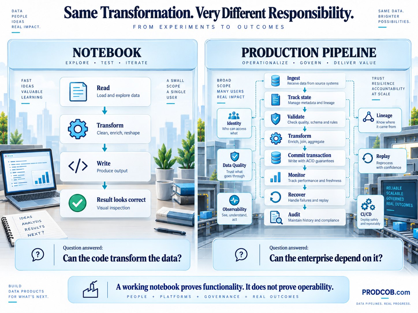 A working notebook proves functionality; production requires state, recovery, controls, observability and repeatable delivery.