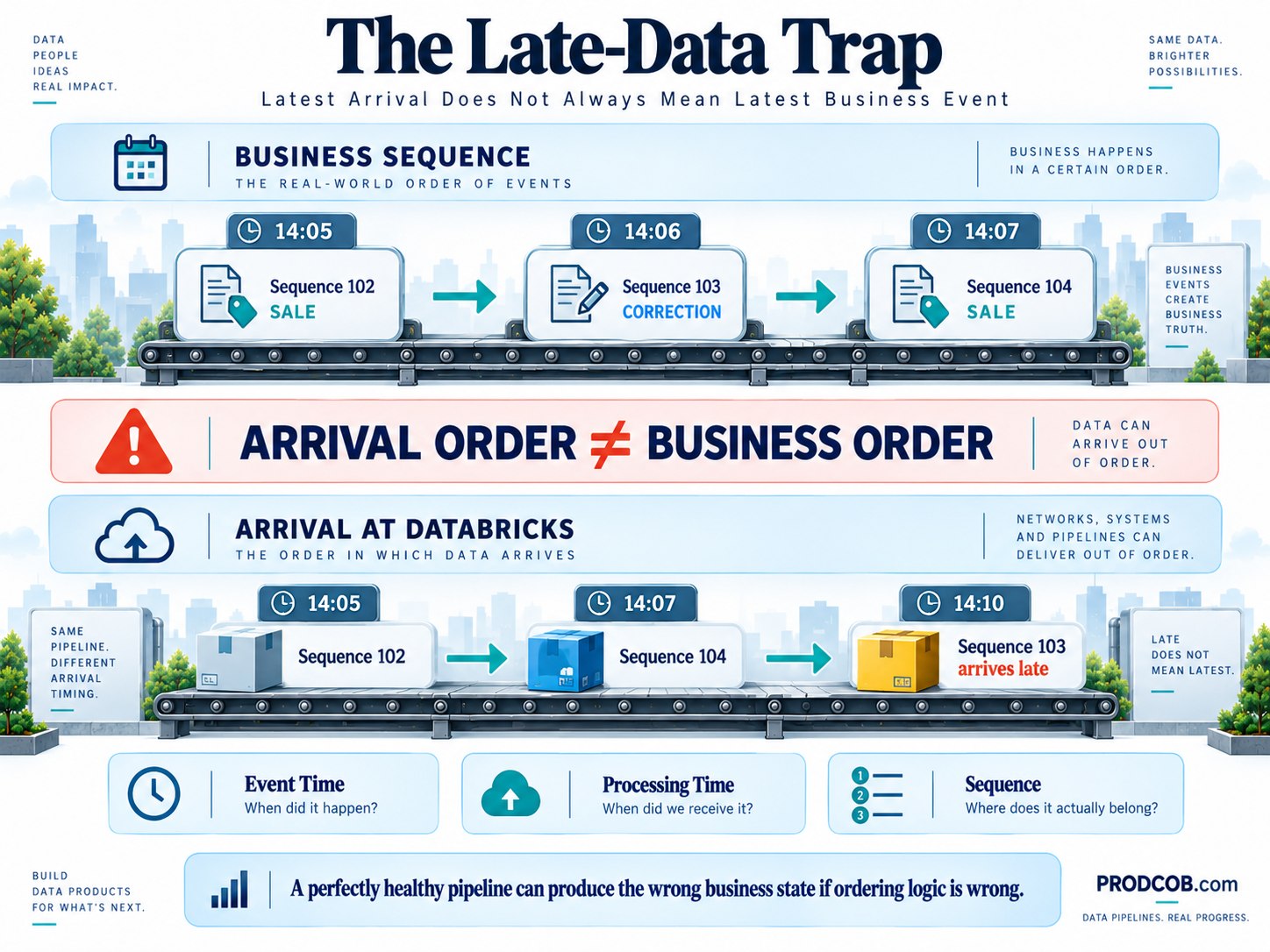Arrival order and business order can diverge; event time, processing time and source sequence are different concepts.