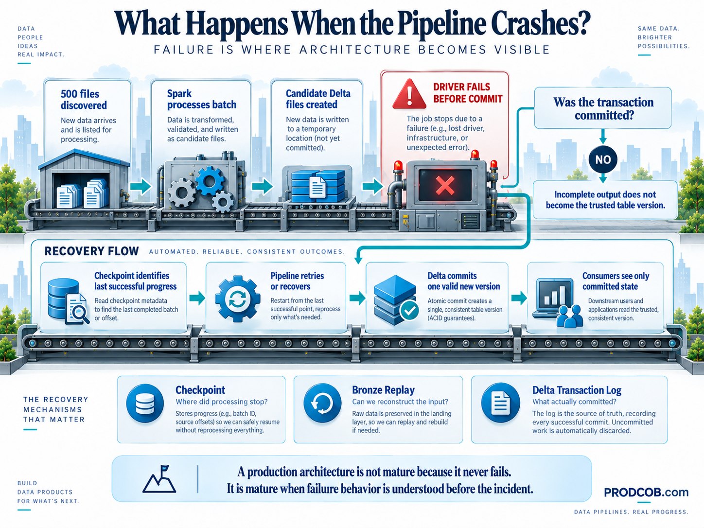 Pipeline maturity becomes visible during failure: checkpoints, replayability and transactional commits determine safe recovery.