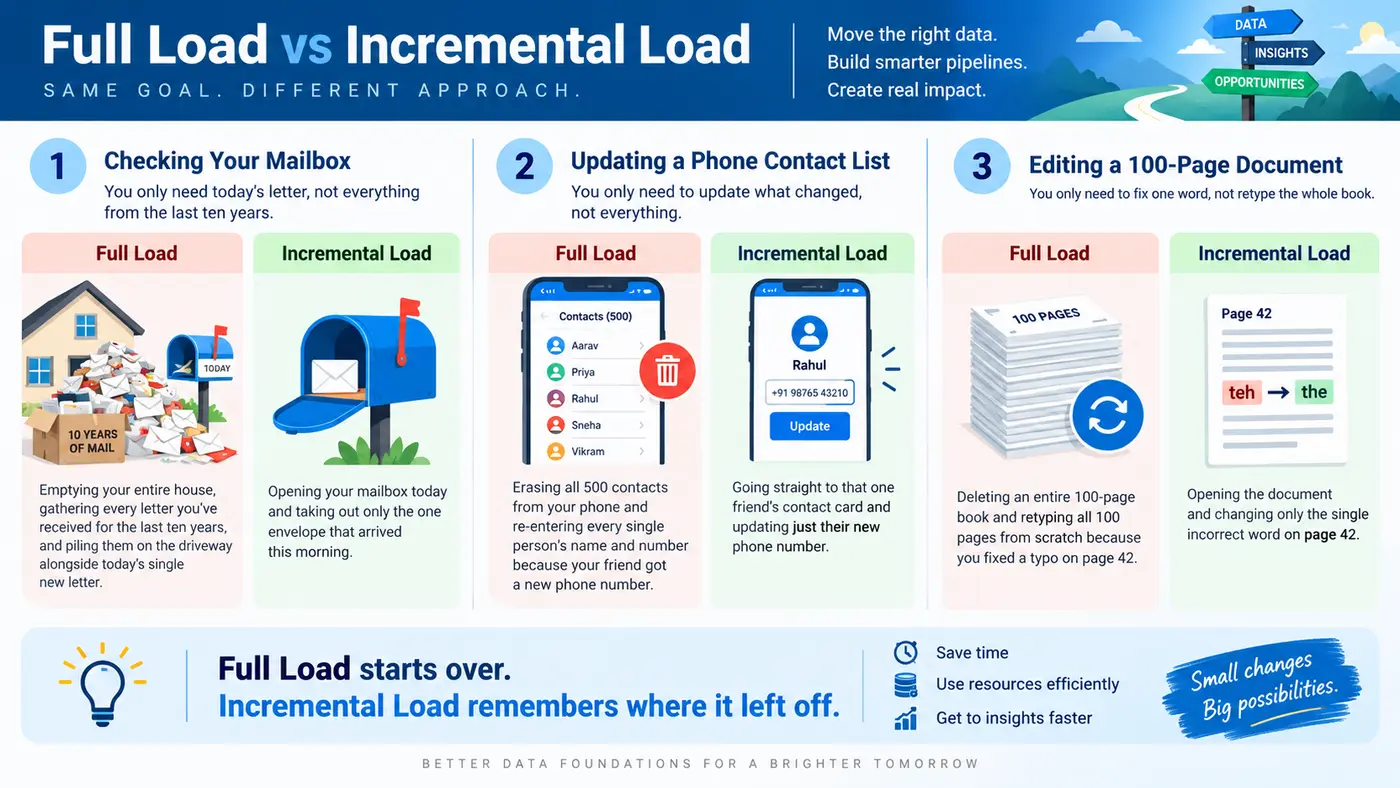 Infographic comparing full load and incremental load using mailbox, phone contacts and document analogies